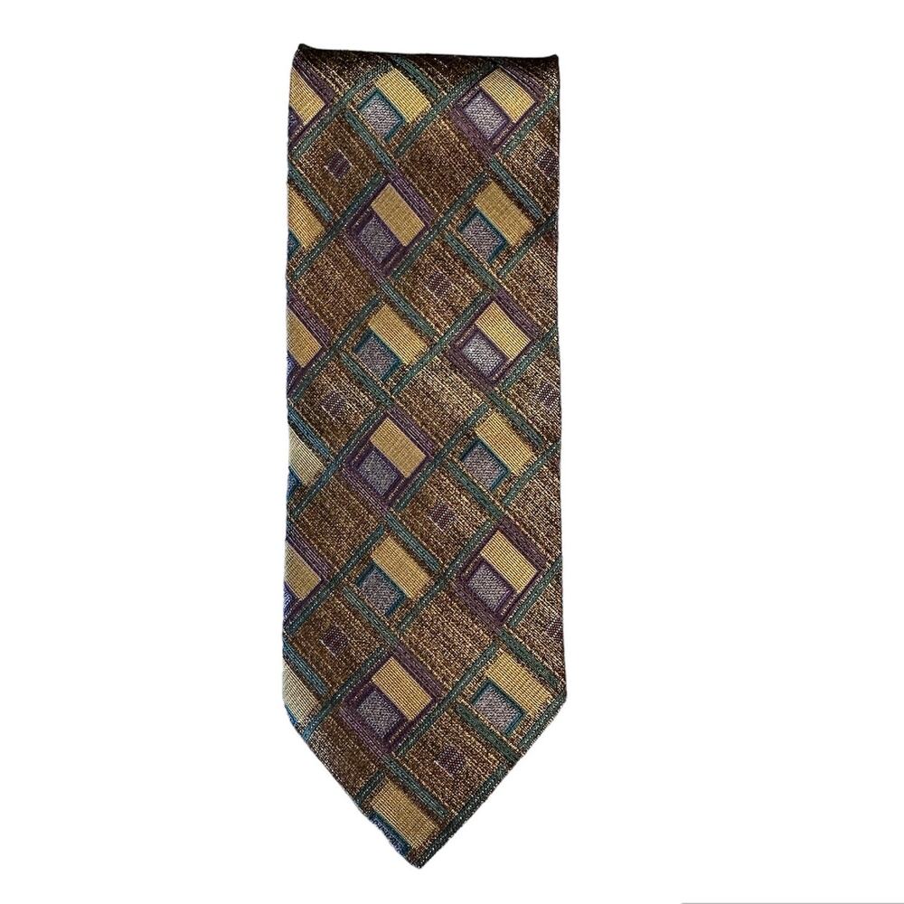 Daniel De Fasson Mens Tie Gold Purple Teal Square Print Silk Handmade Necktie